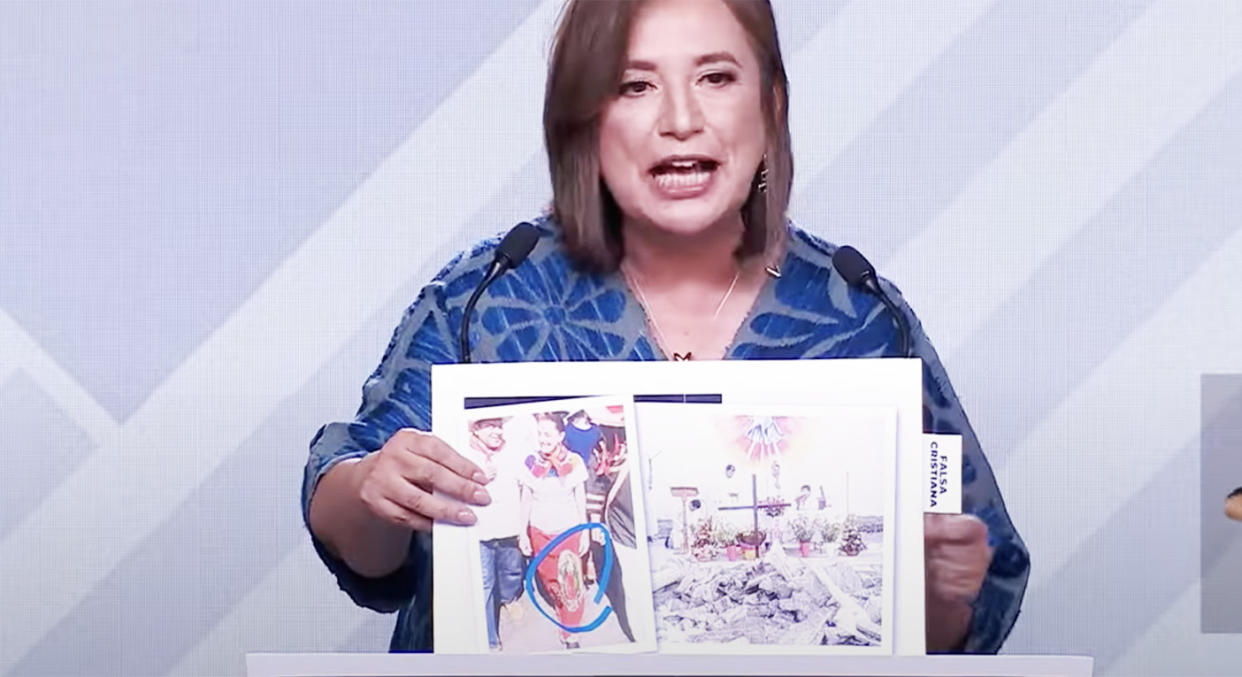 Xóchitl Gálvez al momento de señalar el uso de la imagen de la Virgen de Guadalupe por parte de Claudia Sheinbaum | Captura de video YouTube