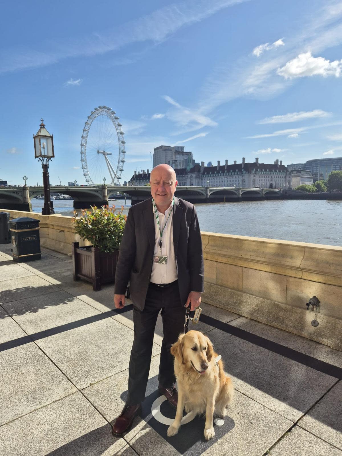 Steve Darling MP and Jennie the guide dog at the House of Commons terrace