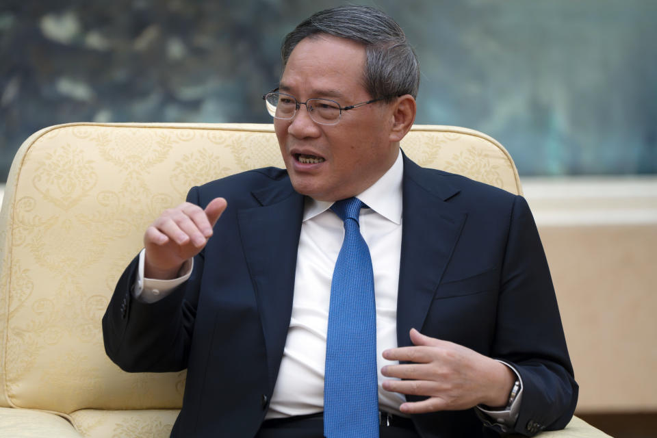 Chinese Premier Li Qiang speaks during a meeting with Treasury Secretary Janet Yellen, not shown, at the Great Hall of the People in Beijing, China, Friday, July 7, 2023. (AP Photo/Mark Schiefelbein, Pool)