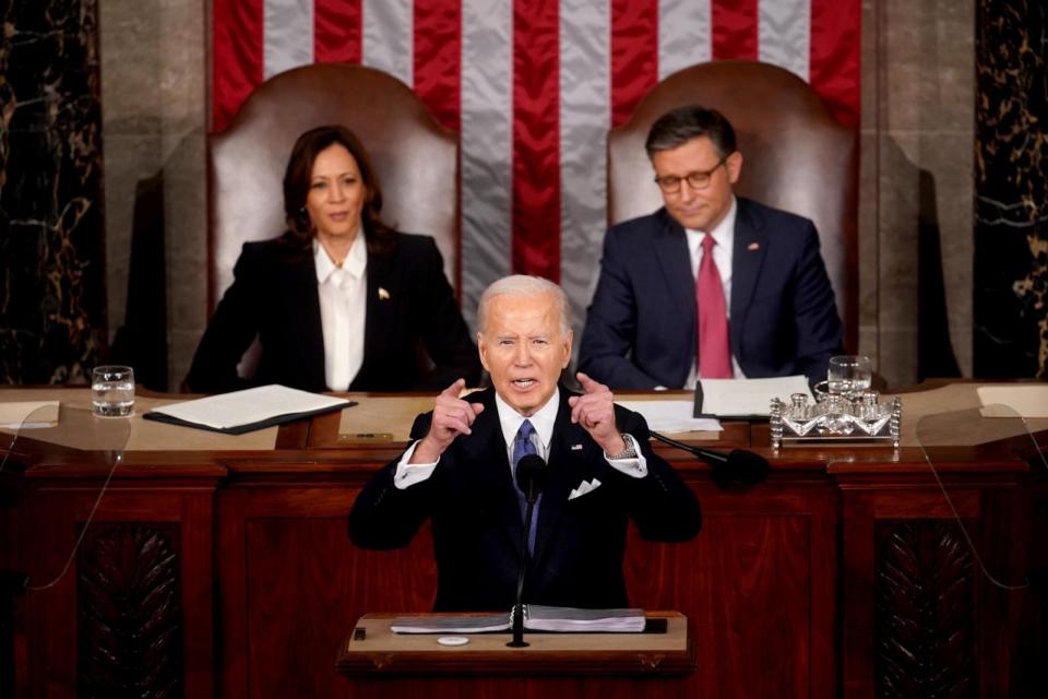 PHOTO: Vice President Kamala Harris, from left, President Joe Biden, and House Speaker Mike Johnson, a Republican from Louisiana, during a State of the Union address at the Capitol, March 7, 2024.  (Al Drago/Bloomberg via Getty Images)