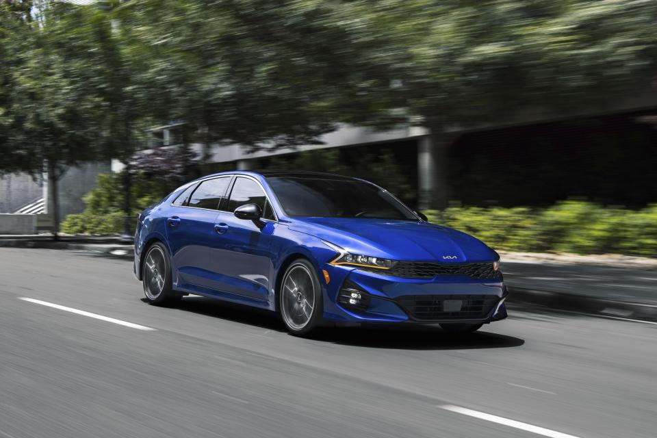 This photo provided by Kia shows the 2024 K5. The K5 is Edmunds' top-rated sedan and is one of the few midsize sedans on sale that can be ordered with all-wheel drive. (Kia America via AP)