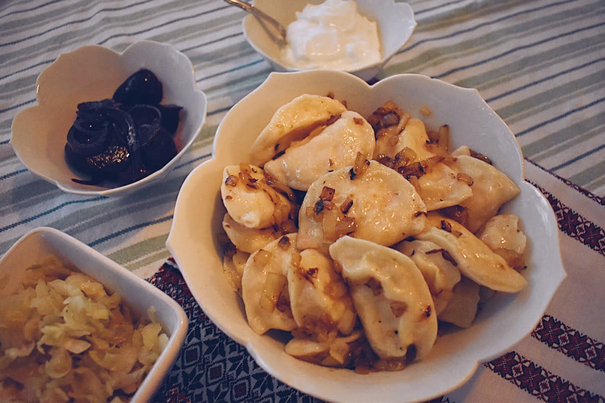 Sakawsky's family pierogi recipe, which is always served with fried onions and sour cream as toppings. (Photo: Anna Sakawsky)