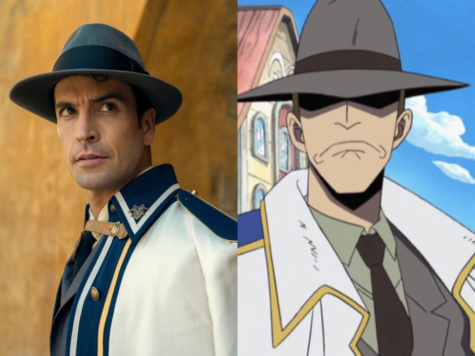 left: armand aucamp as bogard, a slender man in a grey fedora and marine uniform; right: bogard in the anime, scowling