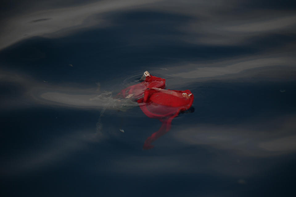 An undergarment floats in the area where a Lion Air flight crashed into the Java Sea