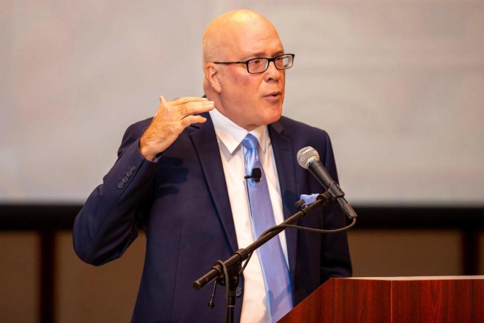 Orlando Gutierrez-Boronat speaks during a book discussion by Professor Susan Eckstein about her new book “Cuban Privilege: The Making of Immigrant Inequality in America,” at Florida International University’s Wertheim Performing Arts Center in Miami, Florida, on Friday, Dec. 9, 2022.