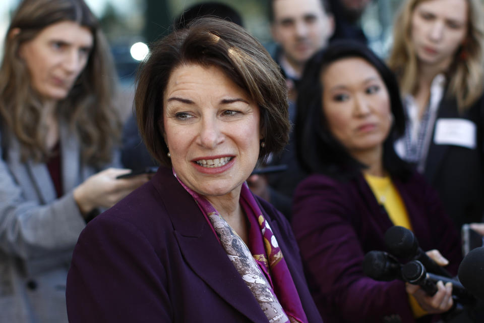 Democratic presidential candidate Sen. Amy Klobuchar, D-Minn., speaks with members of the media after touring the Culinary Health Center, Friday, Feb. 14, 2020, in Las Vegas. (AP Photo/Patrick Semansky)