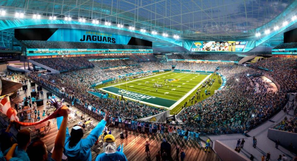 This is a rendering of the Jacksonville Jaguars' "Stadium of the Future" project. The $1.5 billion makeover of EverBank Stadium in Jacksonville will require the NFL team to play home games during the 2027 season at either Camping World Stadium in Orlando or the University of Florida's Ben Hill Griffin Stadium in Gainesville. Daytona International Speedway was also considered as an "intriguing" option, but was ruled out once the Jags decided it would need only need a temporary home for one season, as opposed to two, said Jags spokeswoman Lyndsay Rossman.