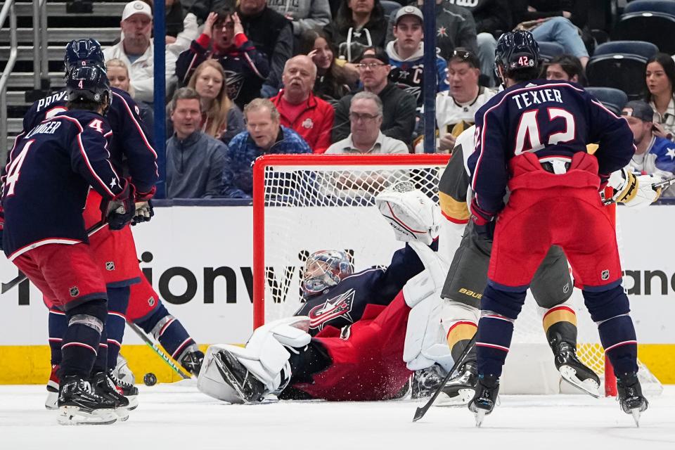 Mar 4, 2024; Columbus, Ohio, USA; Columbus Blue Jackets goaltender Daniil Tarasov (40) makes a save during the third period of the NHL hockey game against the Vegas Golden Knights at Nationwide Arena. The Blue Jackets won 6-3.