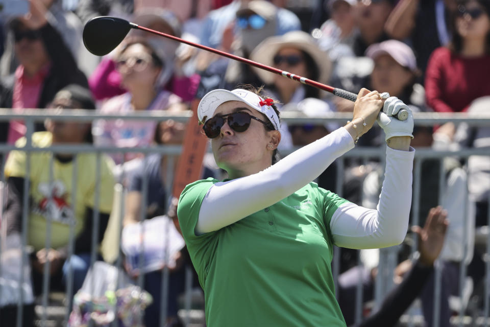 Australia's Hannah Green hits from the first tee during the finals at the International Crown match play golf tournament in San Francisco, Sunday, May 7, 2023. (AP Photo/Benjamin Fanjoy)