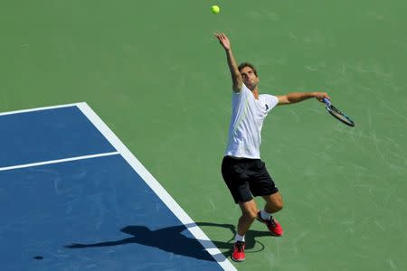 Aug 18, 2017; Mason, OH, USA; Albert Ramos-Vinolas (ESP) serves against Rafael Nadal (ESP) during the Western and Southern Open at the Lindner Family Tennis Center. Mandatory Credit: Aaron Doster-USA TODAY Sports