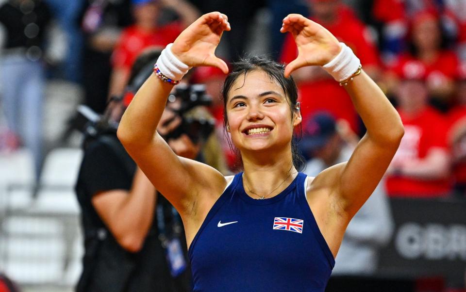 Emma Raducanu celebrates victory over Diane Parry at the Billie Jean King Cup