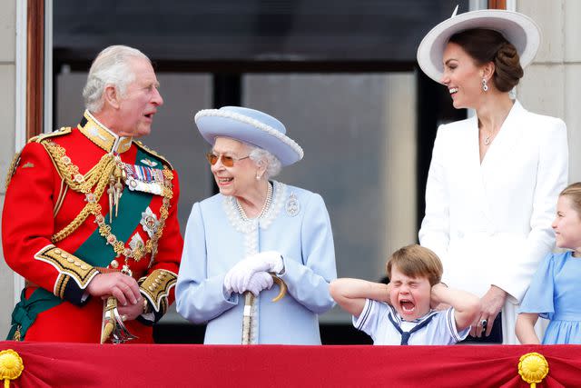 <p>Max Mumby/Indigo/Getty</p> King Charles, Queen Elizabeth, Kate Middleton, Prince Louis and Princess Charlotte at Trooping the Colour 2022
