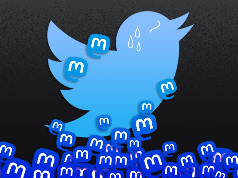 The Twitter bird logo being attacked and overwhelmed by Mastodon logos.