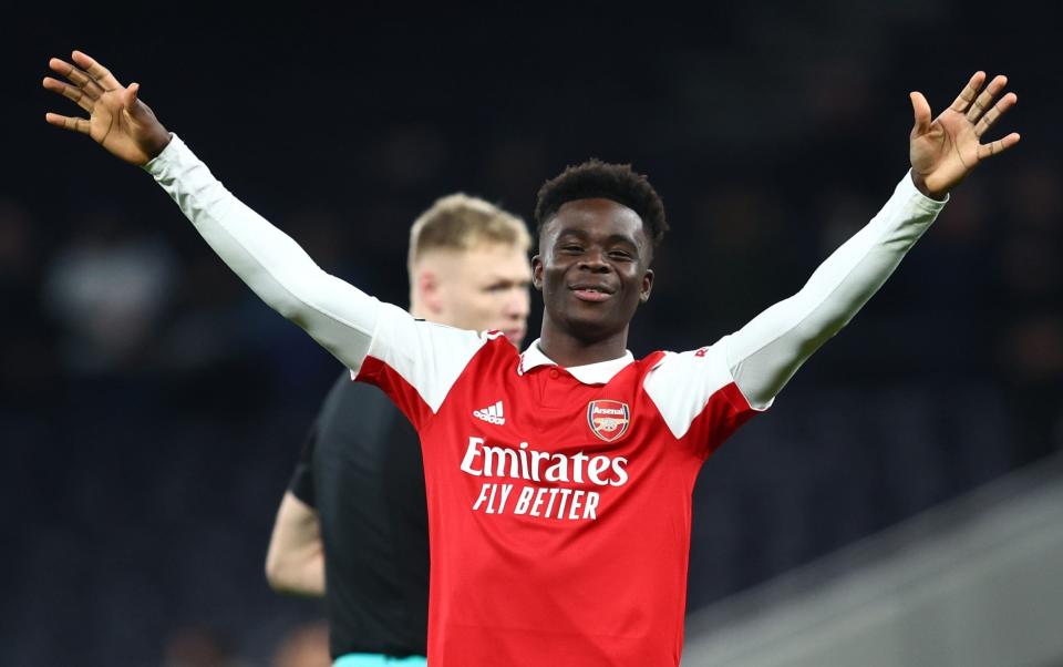 Bukayo Saka of Arsenal reacts at the end of the Premier League match between Tottenham Hotspur and Arsenal FC at Tottenham Hotspur Stadium - Chris Brunskill/Getty Images