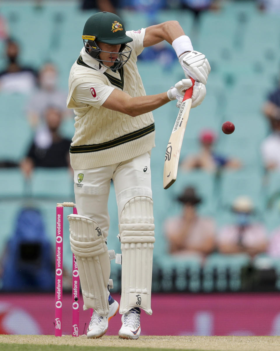 Australia's Marnus Labuschagne bats during play on day two of the third cricket test between India and Australia at the Sydney Cricket Ground, Sydney, Australia, Friday, Jan. 8, 2021. (AP Photo/Rick Rycroft)