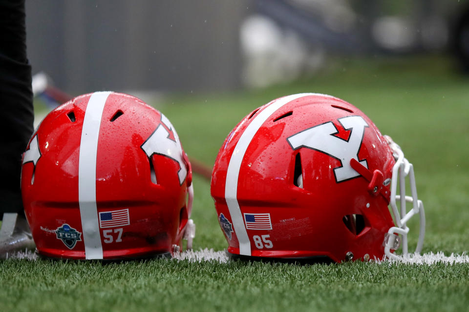 MORGANTOWN, WV - SEPTEMBER 08: Youngstown State Penguins helmets on the field during the first quarter of the college football game between the Youngstown State Penguins and the West Virginia Mountaineers on September 8, 2018, at Mountaineer Field at Milan Puskar Stadium in Morgantown, WV. West Virginia defeated Youngstown State 52-17. (Photo by Frank Jansky/Icon Sportswire via Getty Images)