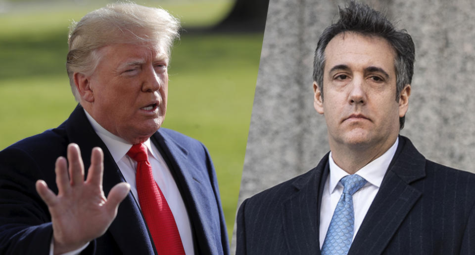 President Trump speaks to reporters; Michael Cohen leaves federal court on Thursday. (Photos: Jim Young/Reuters, Drew Angerer/Getty Images)