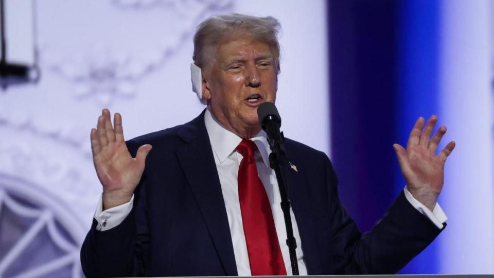 PHOTO: Republican presidential nominee, former U.S. President Donald Trump speaks after officially accepting the Republican presidential nomination on stage during Republican National Convention, July 18, 2024, in Milwaukee. (Alex Wong/Getty Images)