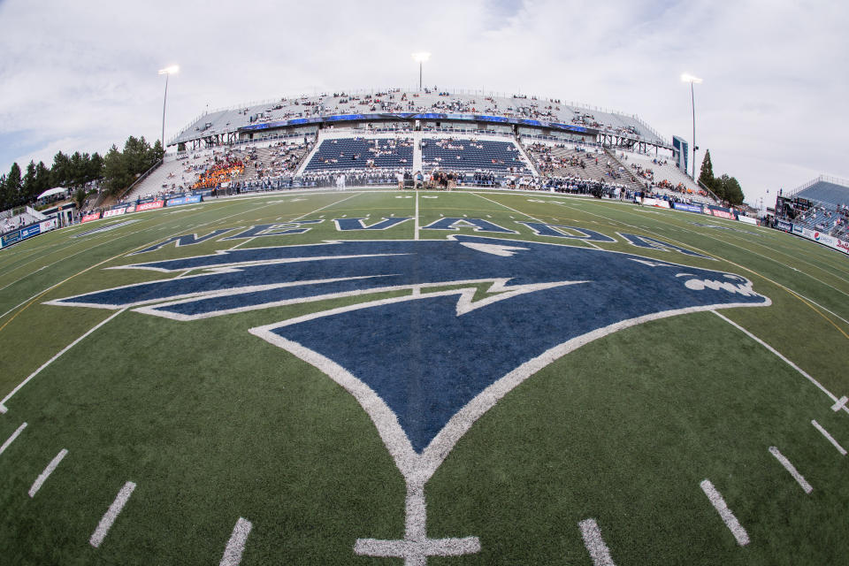 RENO, NV - SEPTEMBER 16: The Nevada Wolf Pack logo on the field at Mackay Stadium on September 16, 2017 in Reno, Nevada. (Photo by Jonathan Devich/Getty Images)