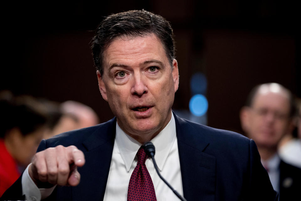 FILE - In this Thursday, June 8, 2017, file photo, former FBI director James Comey speaks during a Senate Intelligence Committee hearing on Capitol Hill, in Washington. A published report says President Donald Trump told his counsel’s office last spring he wanted to prosecute political adversaries Hillary Clinton and Comey. The New York Times says the idea prompted White House lawyers to prepare a memo warning of consequences ranging up to possible impeachment (AP Photo/Andrew Harnik, File)