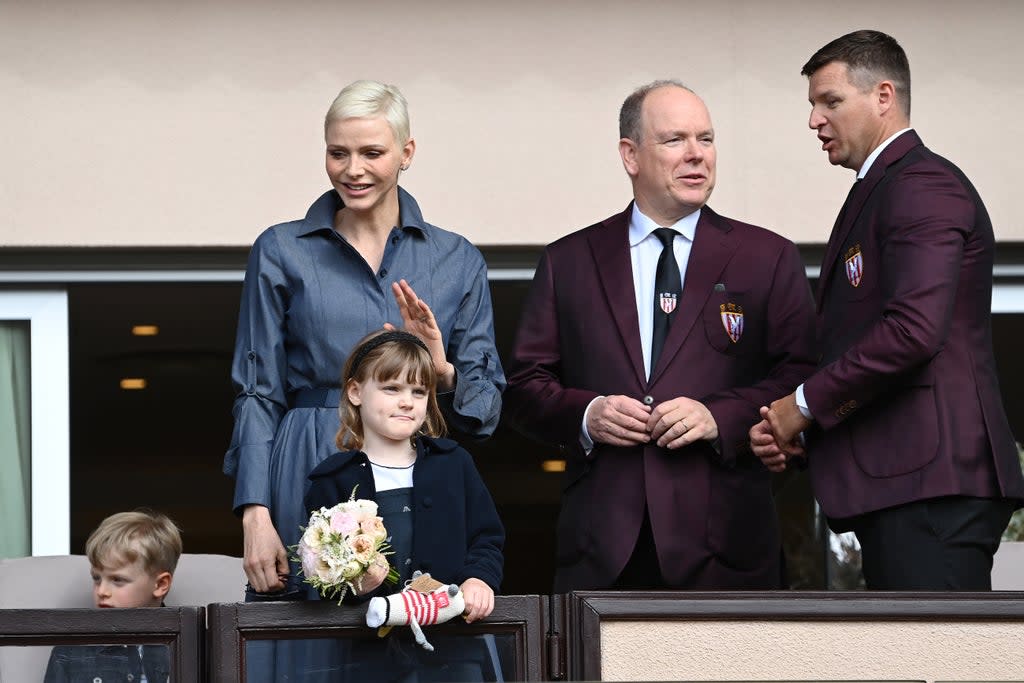 Princess Charlene and Prince Albert attend the Sainte Devote Rugby Tournament on May 7 (Getty Images)