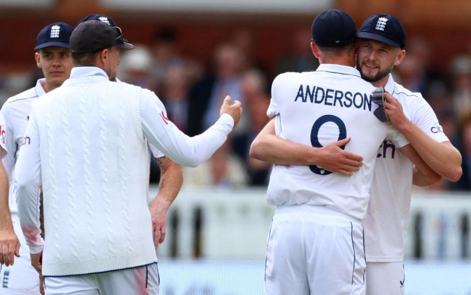 Jimmy Anderson embraces Gus Atkinson