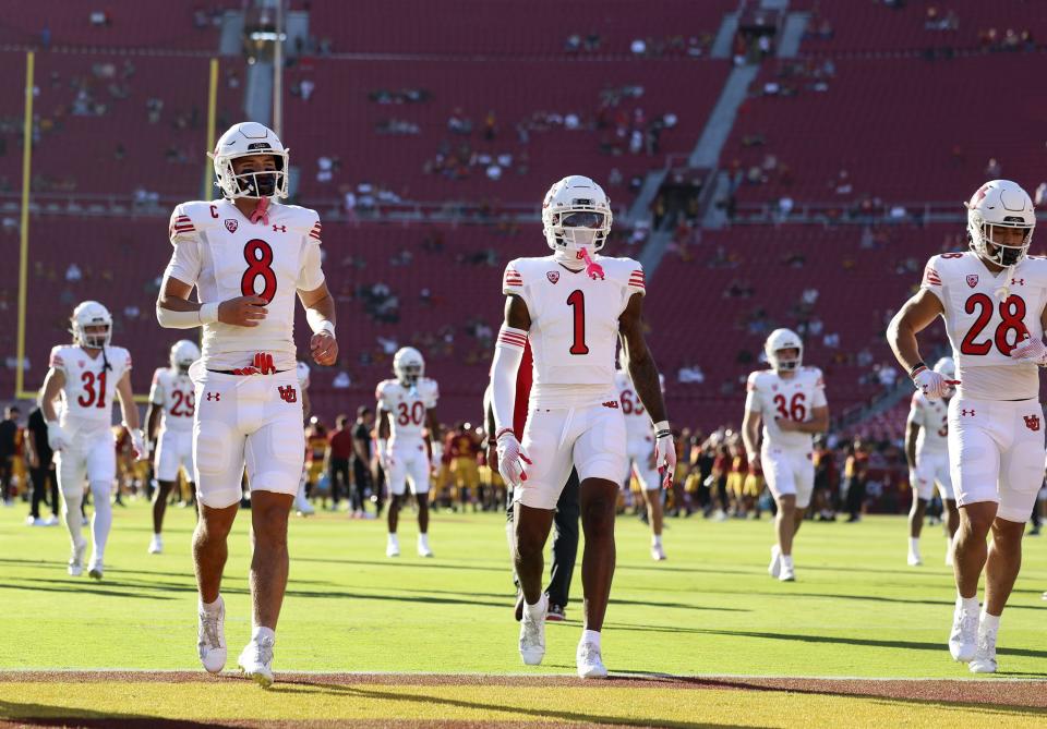 Utah Utes safety Cole Bishop (8) warms up before a game against the USC Trojans at the Los Angeles Memorial Coliseum on Saturday, Oct. 21, 2023. | Laura Seitz, Deseret News