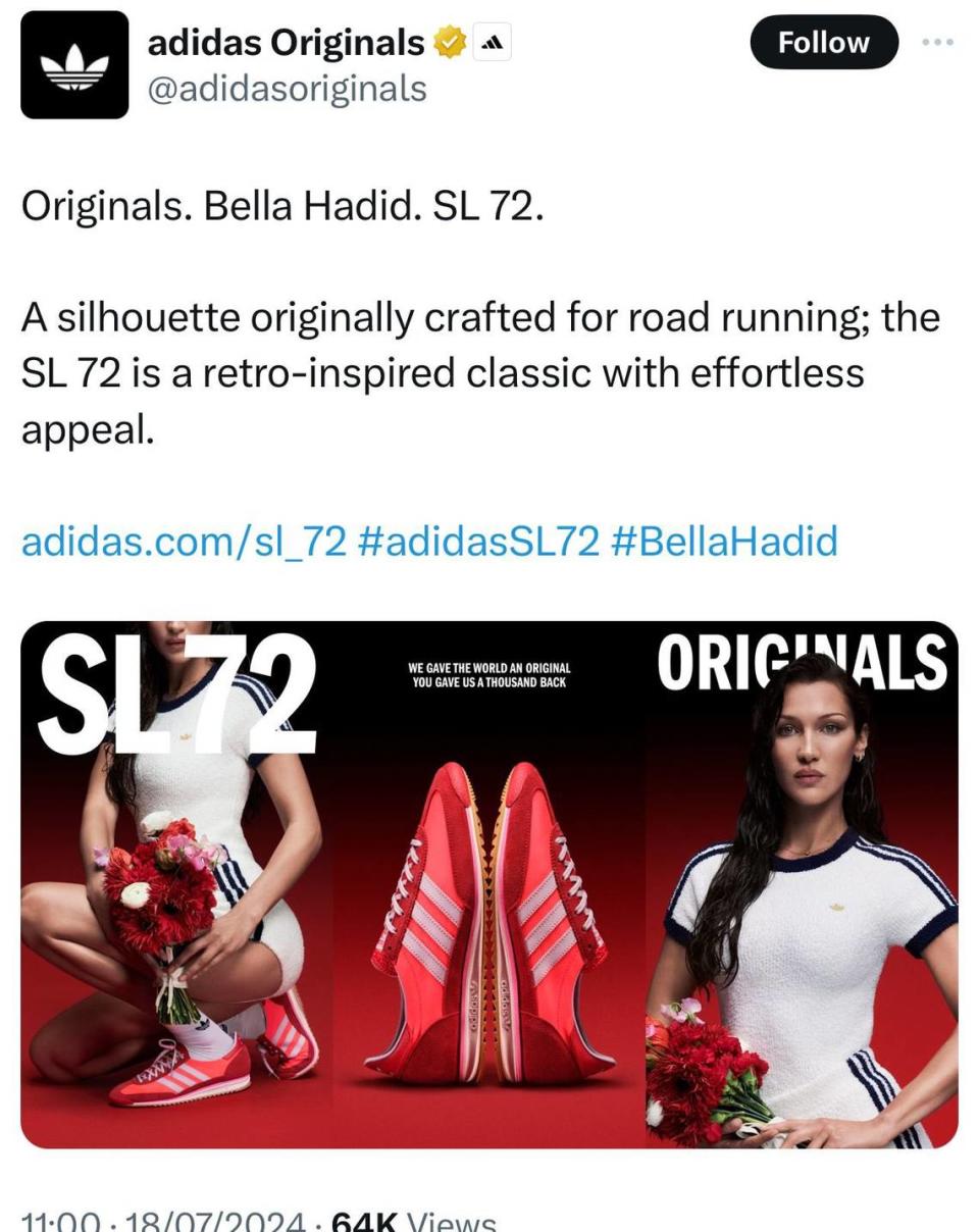 Adidas anunció el viernes la retirada de la modelo Bella Hadid, cuyo padre es palestino, de una campaña para promocionar la reedición de unas zapatillas icónicas de los Juegos Olímpicos de Múnich de 1972, que fueron ensombrecidos por la masacre de once atletas israelíes.