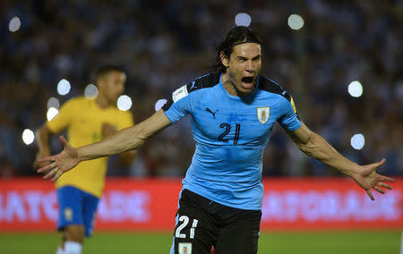 Football Soccer - Uruguay v Brazil - World Cup 2018 Qualifiers - Centenario stadium, Montevideo, Uruguay - 23/3/17 - Uruguay's Edinson Cavani celebrates after scoring a penalty. REUTERS/Carlos Pazos