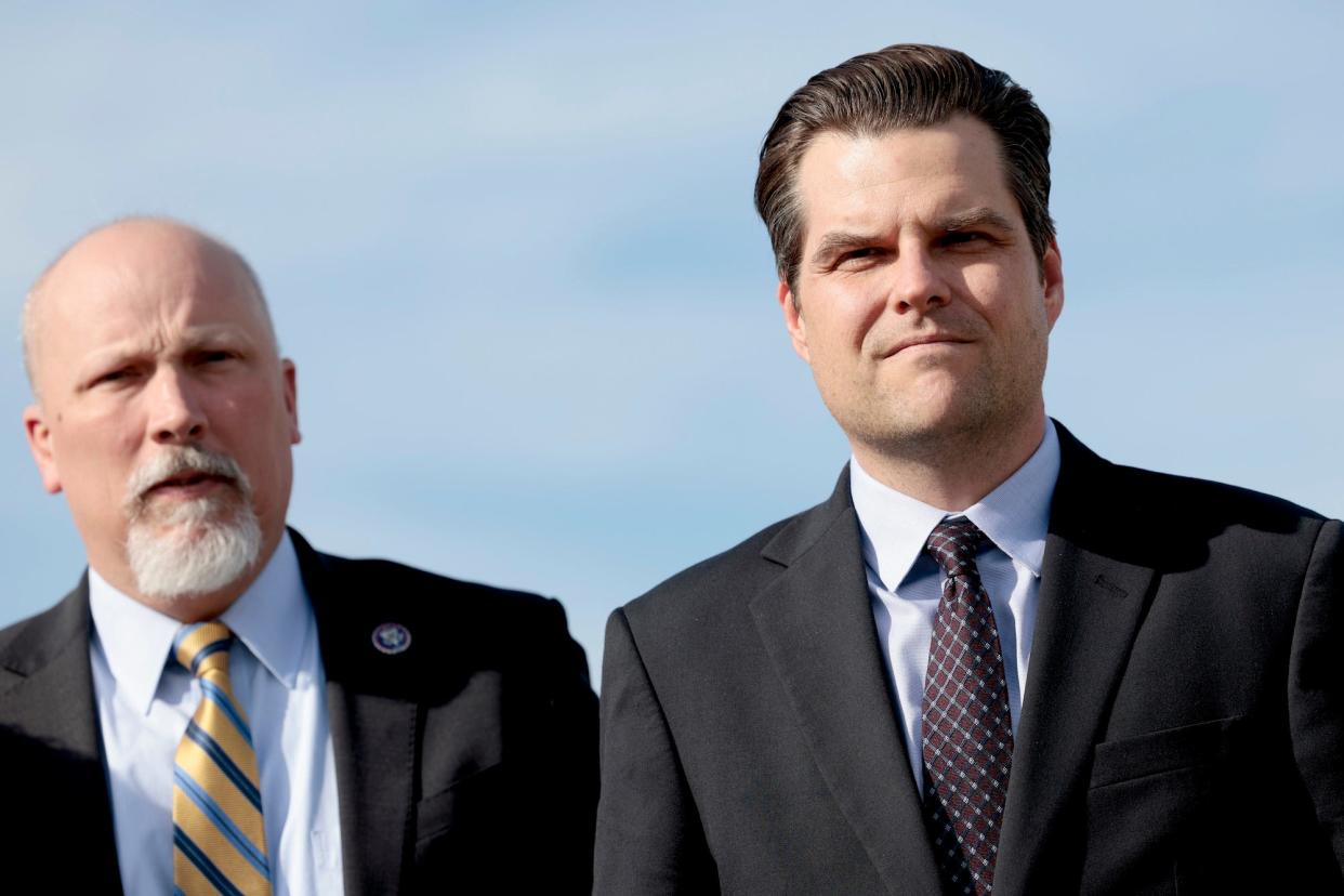 Republican Reps. Chip Roy of Texas (L) and Matt Gaetz of Florida (R) attend a press conference outside the US Capitol Building on March 8, 2022 in Washington, DC.
