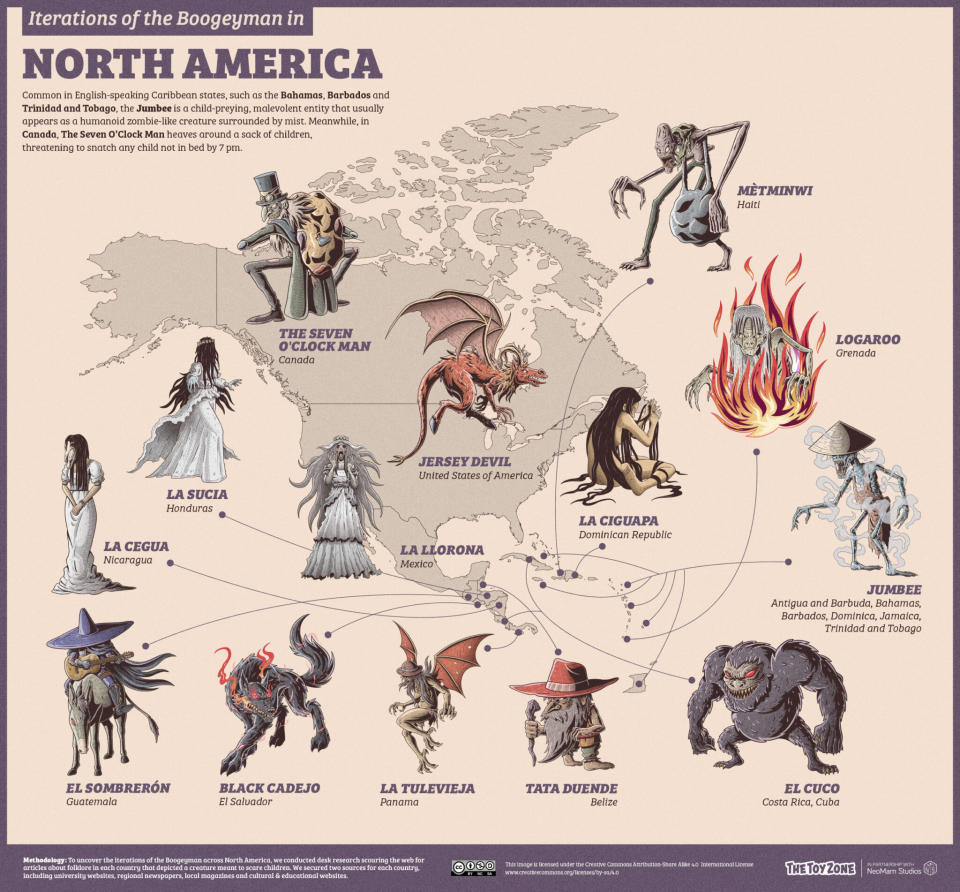 A map featuring bogeymen monsters from different countries around the world