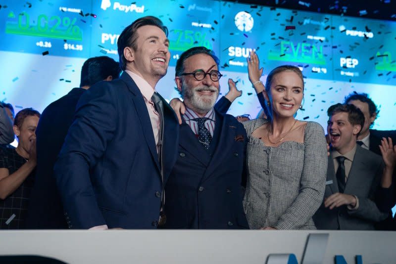 Chris Evans, Andy Garcia and Emily Blunt star in the new film "Pain Hustlers." Photo courtesy of Netflix