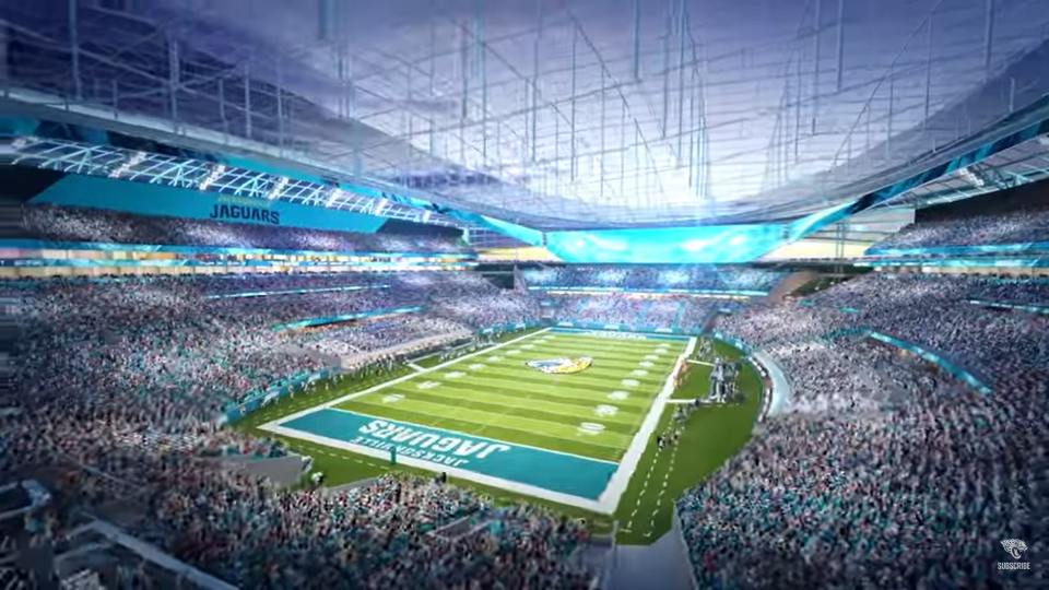 The Jacksonville Jaguars gave a first look at renderings for its "Stadium of the Future" on June 7, 2023, in a video. The plans would renovate EverBank Stadium, as well as add a sports entertainment district near the property.