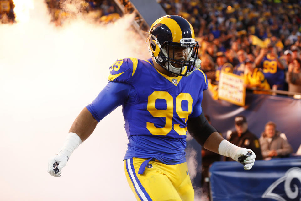 Aaron Donald (above) and the Rams will have to apply plenty of pressure on Drew Brees