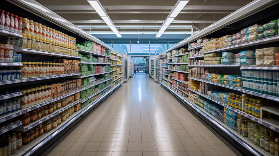 A wide aisled grocery store stocked with natural and organic groceries and dietary supplements.