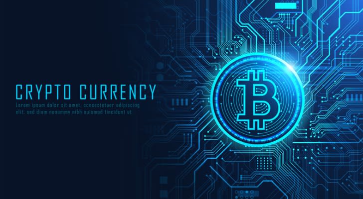 Image shows a conceptual illustration of cryptocurrency with the Bitcoin logo in blue text and design. Bitcoins futures can be another possibility for cryptocurrency investors to consider.