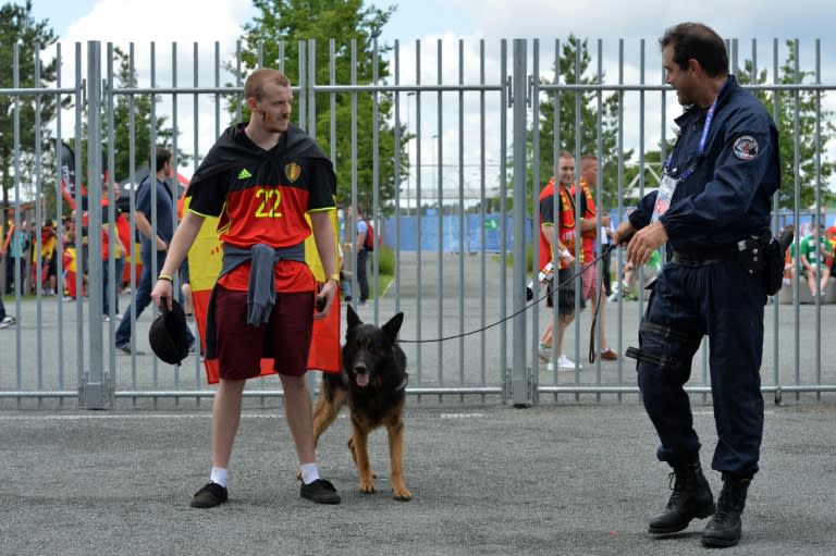 A security guard and his dog inspect a fan ahead of the Euro 2016 match between Belgium and Ireland in Bordeaux on June 18, 2016