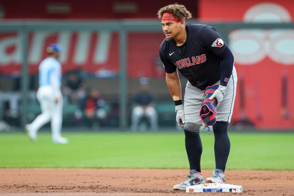 Guardians first baseman Josh Naylor stands on second after hitting an RBI double in the first inning against the Royals, June 28, 2023, in Kansas City, Missouri.