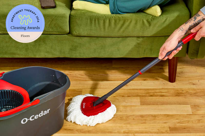 Cleaning Awards logo over photo of someone mopping their hardwood floors with an O-Cedar mop