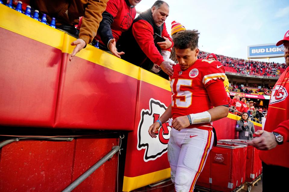 Kansas City Chiefs quarterback Patrick Mahomes (15) reacts after their loss to the Cincinnati Bengals in the AFC Championship Game against the Kansas City Chiefs at GEHA Field at Arrowhead Stadium.