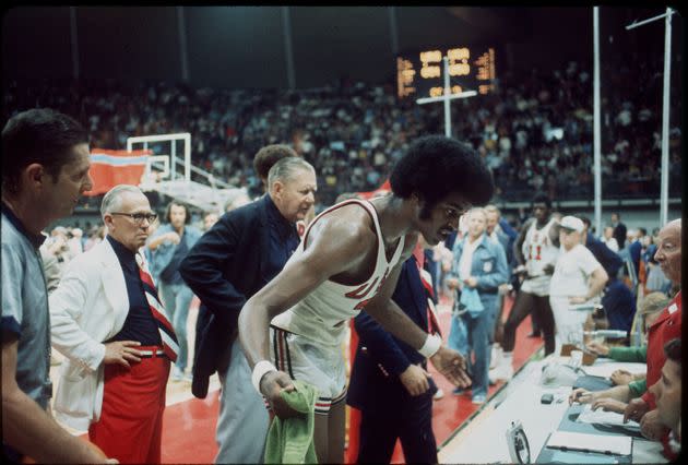 10 SEPT 1972:   The US basketball team tries to question the decision of the officials giving the gold medal to the Soviet Union in at the Olympic games in Munich, West Germany. The final score was 51-50...Photo:  Â© Rich Clarkson / Rich Clarkson & Assoc. (Photo: NCAA Photos via NCAA Photos via Getty Images)