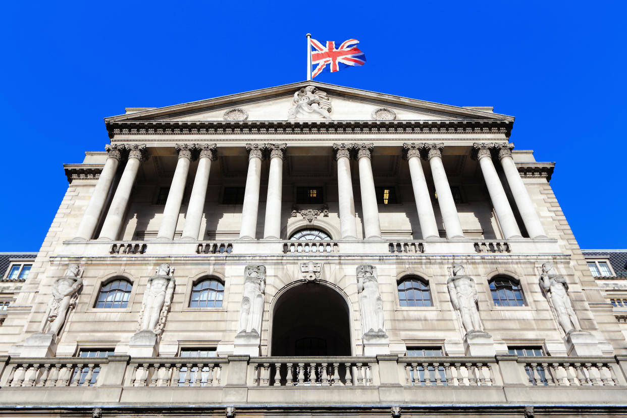 Bank of England with flag, The historical building in London, UK