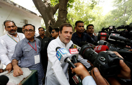 FILE PHOTO: Rahul Gandhi, president of India's main opposition Congress party, speaks after casting his vote at a polling station in New Delhi, India, May 12, 2019. REUTERS/Adnan Abidi/File Photo