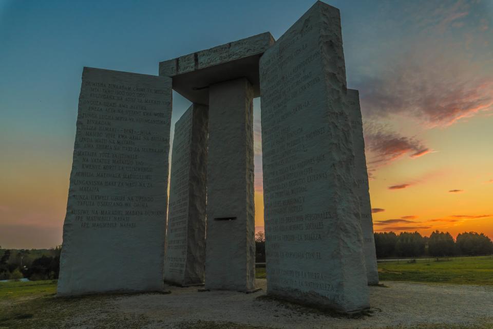 The Georgia Guidestones at sunset.