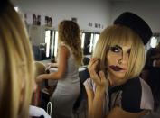 A performer getting ready backstage at the Heart restaurant in Ibiza, on June 29, 2015