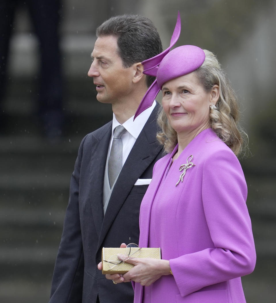 Sophie, Hereditary Princess of Liechtenstein, and Alois, Hereditary Prince, arrive to attend Britain's King Charles III and Queen Consort Camilla's coronation ceremony, at Westminster Abbey, in London, Saturday, May 6, 2023. (AP Photo/Kin Cheung)