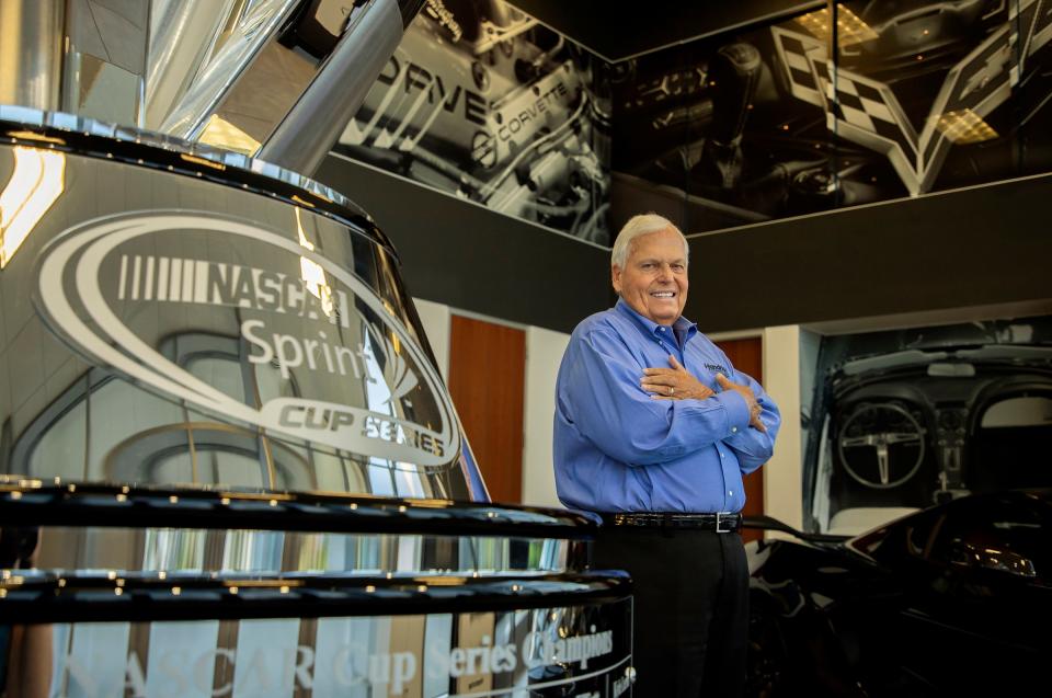 Rick Hendrick stands next to a giant replica of the NASCAP Cup Series Champion trophy in the lobby of his 58,000-square-foot Heritage Center in Concord, North Carolina, on July 25, 2023. He built it in 2010 and it has grown to be more than a collection of notable cars and famous guitars. It is Hendrick's tribute to his family, representing his life's struggles and successes.