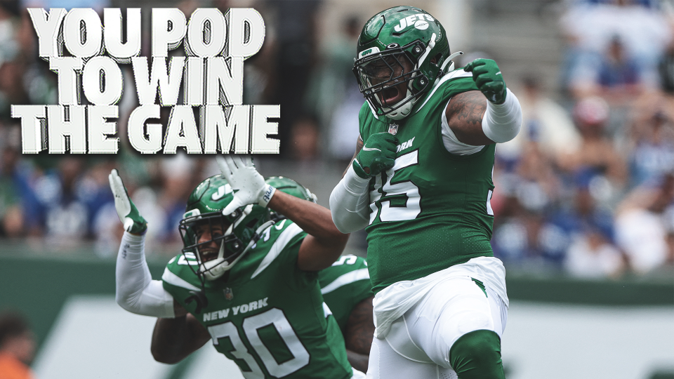 Aug 28, 2022; East Rutherford, New Jersey, USA; New York Jets defensive tackle Quinnen Williams (95) celebrates his sack with cornerback Michael Carter II (30) during the first half against the New York Giants at MetLife Stadium. Mandatory Credit: Vincent Carchietta-USA TODAY Sports