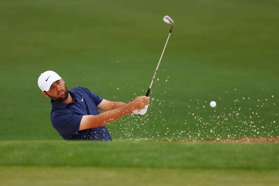 AUGUSTA, GEORGIA - APRIL 09: Scottie Scheffler of the United States hits his shot from the second tee during a practice round prior to the 2024 Masters Tournament at Augusta National Golf Club on April 09, 2024 in Augusta, Georgia. (Photo by Maddie Meyer/Getty Images)