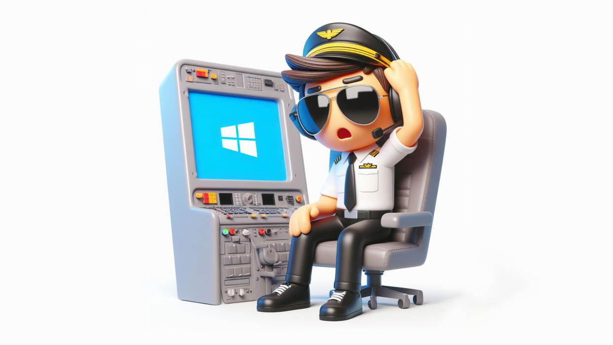  A rendering of an aircraft copilot confused at a Windows screen on his computer console. 